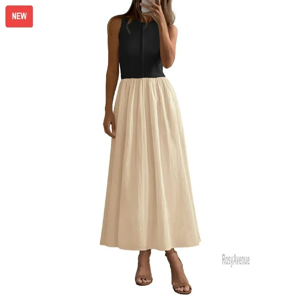 Sleeveless Maxi Dress Patchwork Knit Flowy Long Casual Summer